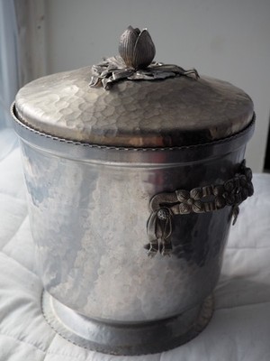 Vintage Hammered Aluminum Art Nouveau Ice Bucket Rose Bud Floral Trim Handles