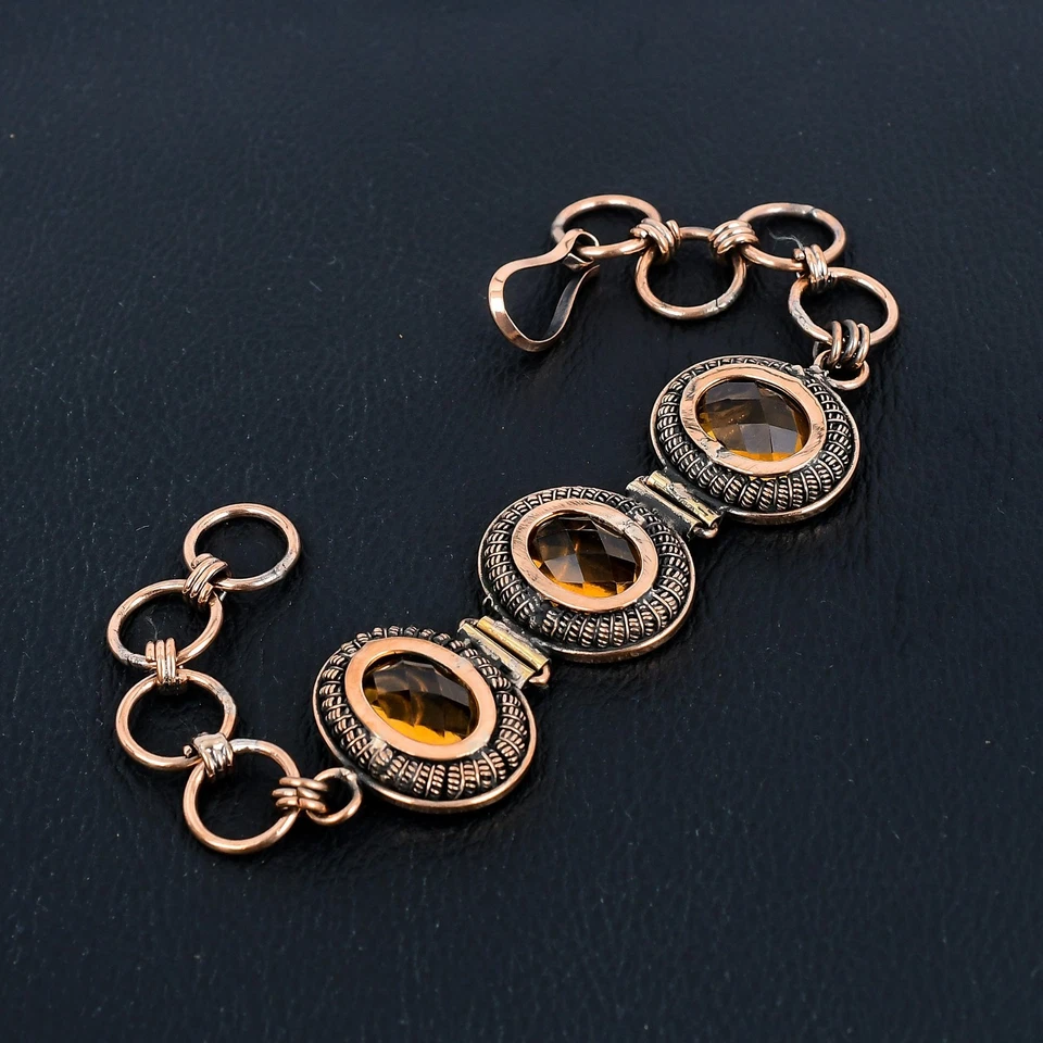 Pulsera ajustable de joyería con envoltura de alambre de cobre y piedras preciosas hechas a mano con topacio de miel Foto 3 de 4