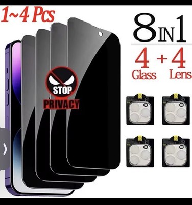 1 4PCS Privacy Glass for iPhone 14 15 16 Pro Max + Camera Lens Protector Film
