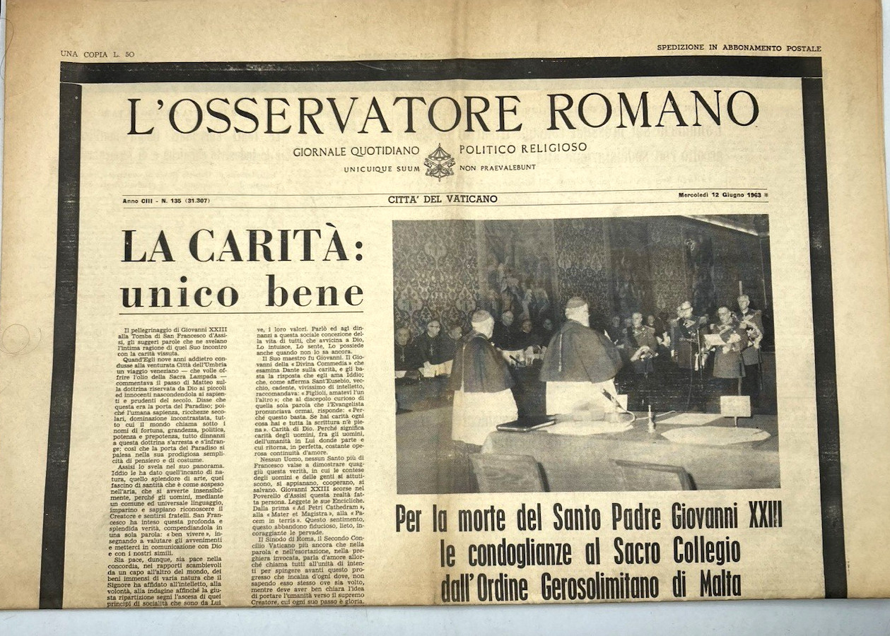 L'OSSERVATORE ROMANO quotidiano originale 12 giugno 1963 Moorte Giovanni XXIII