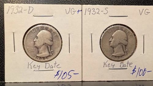 2 Silver Washington Quarter 1932S&D VG+ Key Date 251043