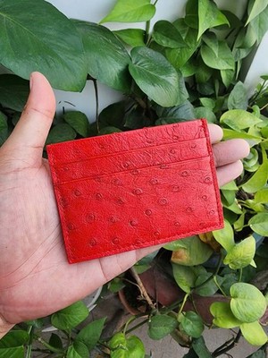Red 100% Genuine Ostrich Leather Card Holder Real Skin Unisex Wallet Handmade