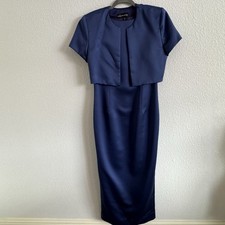 Jessica McClintock Size 8/M Navy Blue Formal Column Dress W/ Bolero MOB Made USA
