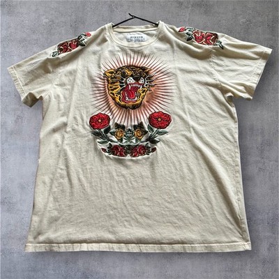 Reason Clothing NYC Big Tiger Roses T Shirt Mens XXL 2XL Embroidered Cream Tee