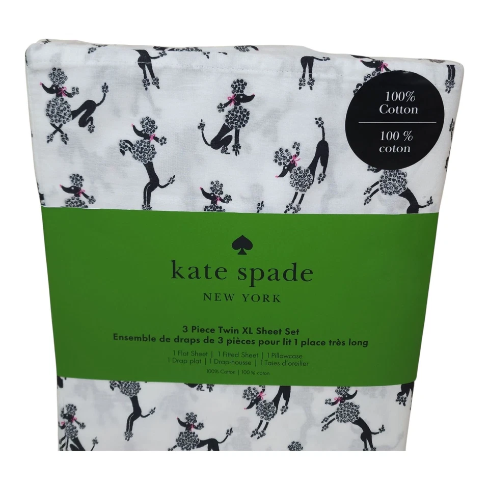 Kate Spade New York 3 Piece Twin XL Sheet Set Dancing Poodles Cotton Black White - Image 2 of 4