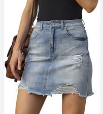 Gobles Mid Waist Zipper Closure Frayed Raw Hem Ripped Mini Denim Skirt Large