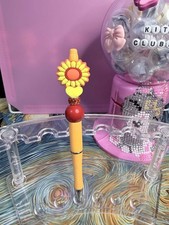 Sunflower Beaded Pen   Refillable Black Ink, Yellow Floral Charm  Glitter Beads