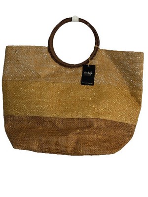 NEW Lucky 7 Jute & Gold Tote Bag Glitter Casual Chic Boho Beach Resort Travel