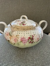 Vintage Large Flowered Hand Painted Master Sugar Bowl With A Lid
