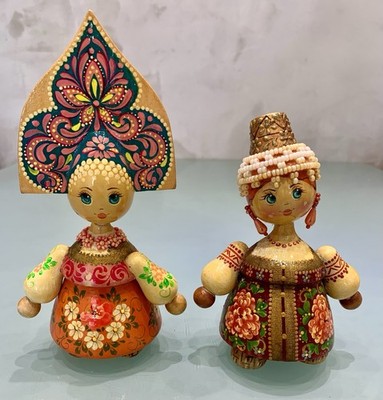 Vintage Wooden Hand-Painted Matryoshka Russian Dolls Folk Art 6  Lot Of 2 