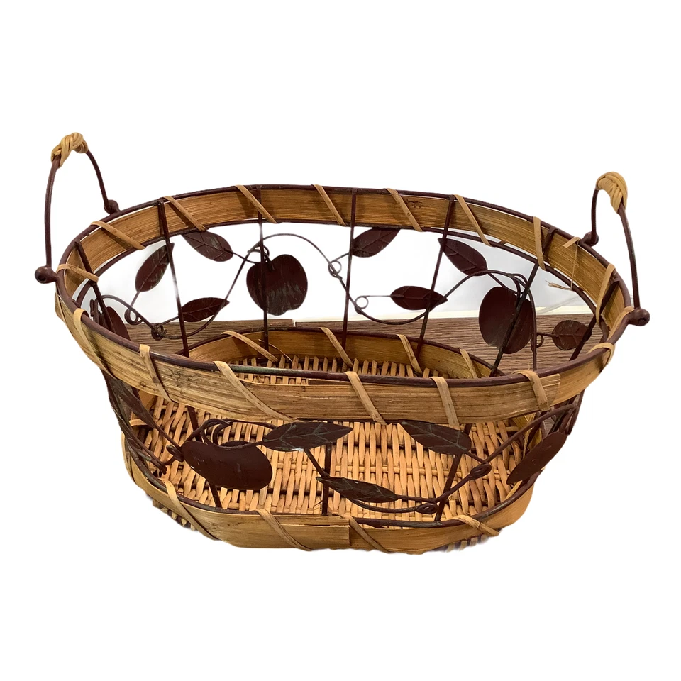 Vintage Metal Wire & Wood Slat Oval Basket with Handles Red Apples 12"x6" - Image 2 of 4