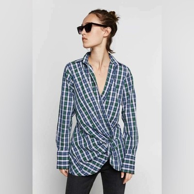 Zara 100% Cotton Draped Check Plaid Tartan Wrap Shirt Blouse Top Size XS |  eBay