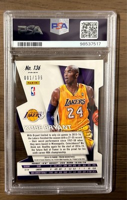 2014 PRIZM KOBE BRYANT PURPLE DIE-CUT 001/139 #136 PSA 9 MINT LOS 