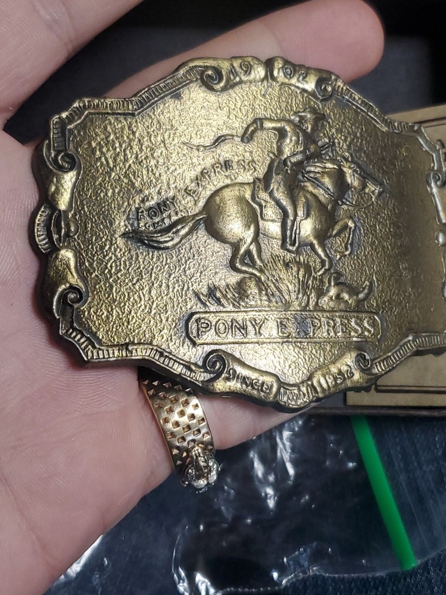 Vintage Pony Express 1902 Since 1852 Brass Belt Buckle
