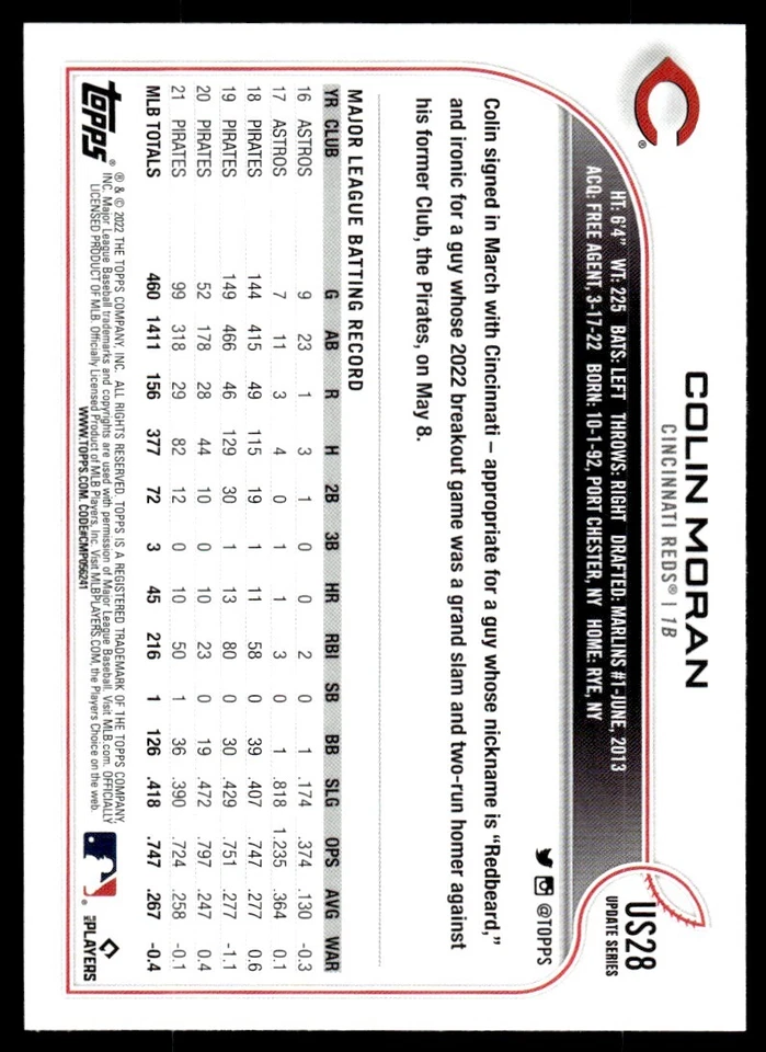 2022 Topps Update ROOKIE Colin Moran Cincinnati Reds #US28 R48 - Image 2 of 2