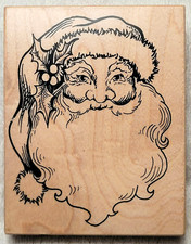 Large PSX Santa Claus Rubber Stamp, Smiling Holly Leaves Berries, K-292 - VTG