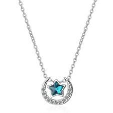 18K White Gold Crescent Moon Star Cubic Zirconia Pendant Necklace Gift PE32