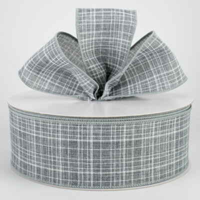 1.5'' / 2.5'' grey white wired ribbon textured linen canvas 5 yards CHOOSE WIDTH