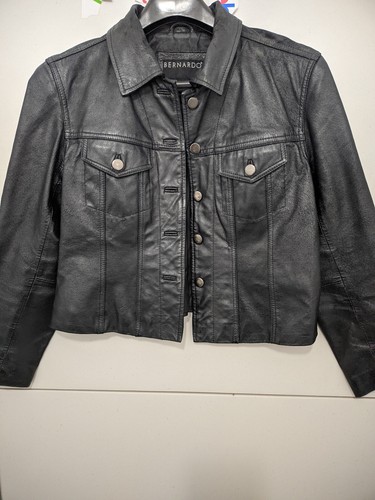 Bernardo Jacket Womens PM Black Crop Button Up Collar Leather Moto Biker READ