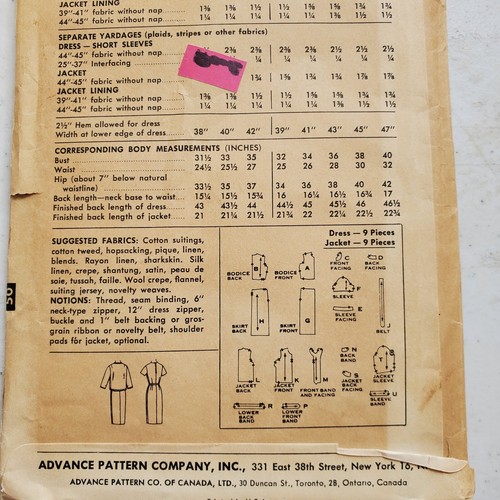 Vtg Advance Pattern 9137 Lined Jacket Back Zip Dress Misses Classic 14 CUT - Picture 5 of 5