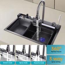 Flying Rain Stainles Steel Waterfall Kitchen Sink w Pull Down Faucet Black 30in