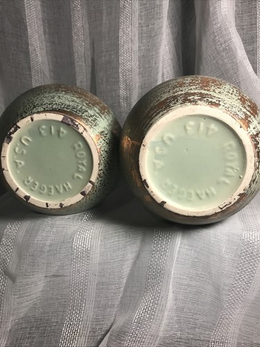 ROYAL HAEGER 22K GOLD TWEED GLAZE USA Rare Vase Set (2) # 413 green Vintage 9” - Picture 5 of 12