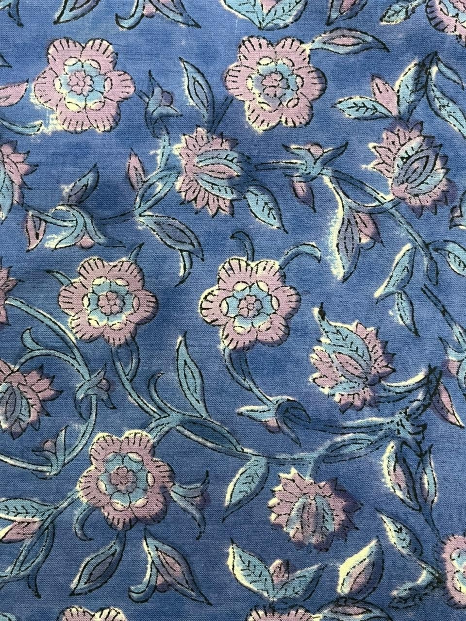 Traditional Blue Floral Hand Block Printed Cotton Fabric for Everyday and Sewing