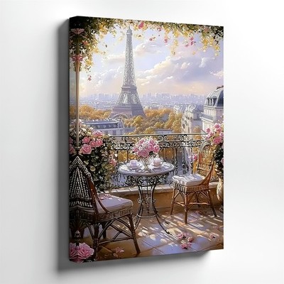 Canvas Paris Balcony Eiffel Tower Floral Cafe Table Romantic City View Decor