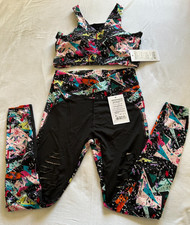 NWT Colorful Workout Set Top with Built-in-Bra and cut-out leggings Size M Gym