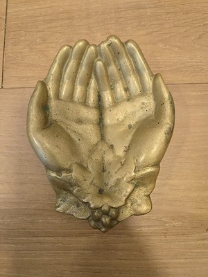 Vintage Solid Brass Cupped Open Hands Trinket Dish with Grape Leaf Detail 