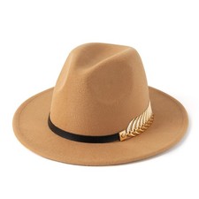 Women's Wide Brim Fedora Panama Hat with Metal Belt Buckle Medium Camel-1