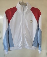 Puma Retro Damen-Trainingsjacke Größe Large rot weiß blau durchgehender Reißverschluss Y2K UK 14 