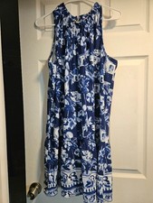 Loft Blue Sleeveless Dress with White Design