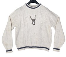 Vintage 90s Shenandoah Chunky Knit Sweater Mens L Beige Grandpa Deer Buck USA