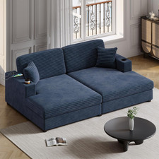 Oversized Corduroy Sleeper Sofa Bed with USB Ports  Cup Holders, Blue