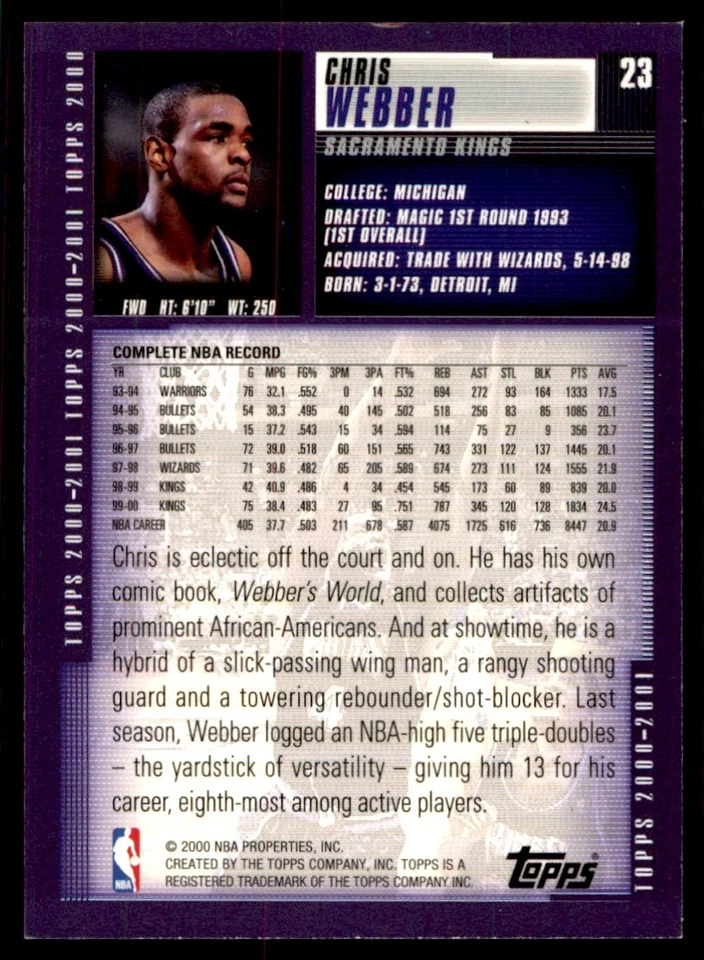 2000-01 Topps Chris Webber Sacramento Kings #23 - Image 2 of 2