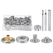 24 Sets Snap Fasteners Kit Copper 15mm with 4 Tools for Leather Silver Tone
