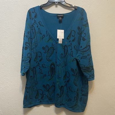 Maggie Barnes Essentials Paisley Button-Up 3/4 Sleeve Cardigan 2X 22/24 NEW Blue