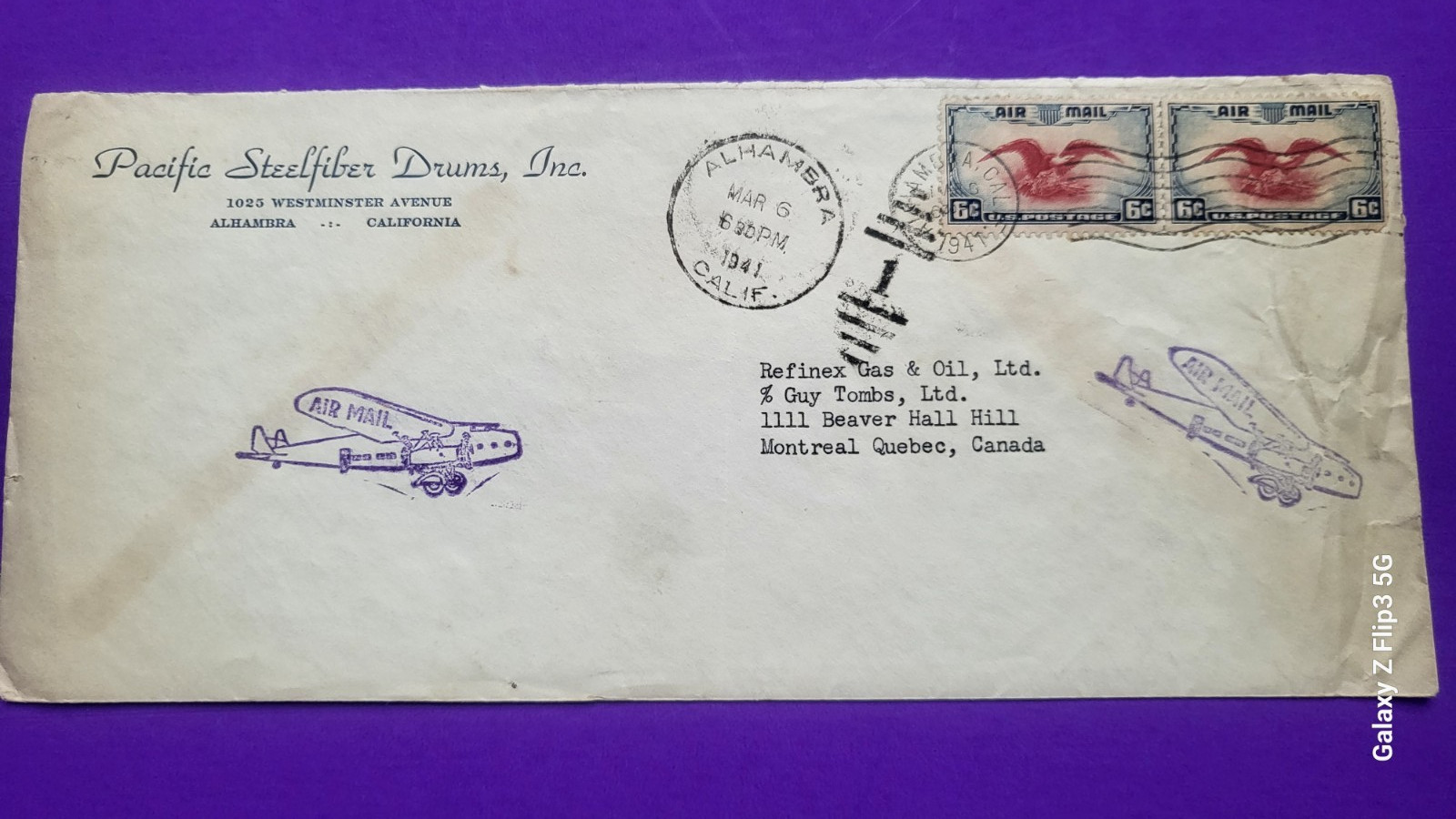 original Pacific Steelfiber Drums Company California 1941 airmail postal cover