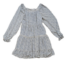 Blue Floral Chiffon Long Sleeve Short Boho Peasant Smocked Dress; Size S