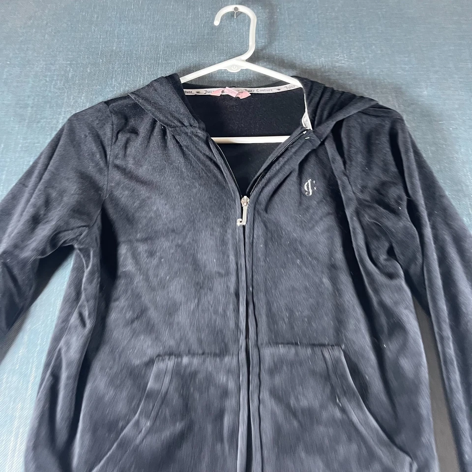 Juicy Couture Girls Jacket Size L Hooded Zip Black Velour Pockets Polyester MB - Image 2 of 4