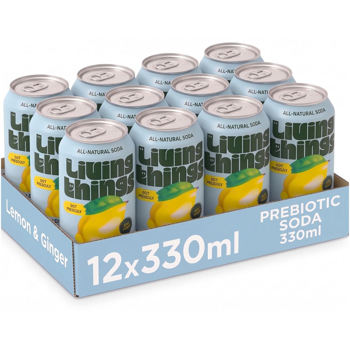 Living Things Lemon & Ginger Prebiotic Soda Low Sugar Natural Cans Pack 12x330ml