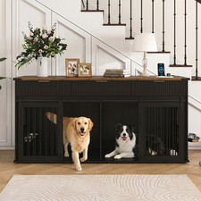 71" Furniture Double Dog Crate, Walnut Top with Drawers  Power Outlet, Black