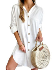 Women's Button Down Shirt Dress Long Sleeve Casual Beach Cover Up Mini Dress