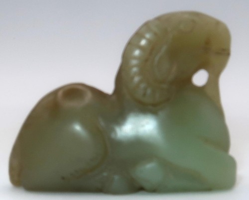 Chinese Hand Carved Jade Ram Mountain Goat Mini Figurine, 1 7/8" x 1 1/2"