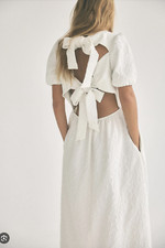 ZARA White Jacquard Textured Midi Dress Bow Back Size L 3067/207 Holiday Blogger