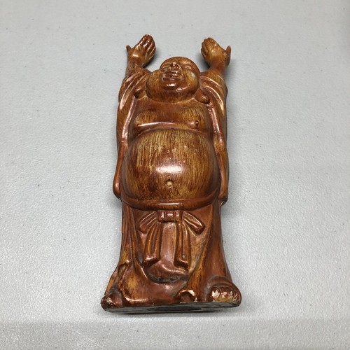 7.5” BUDDHA Vtg Rare Chinese Happy Laughing Hands Up Figurine Souvenir Wood Look