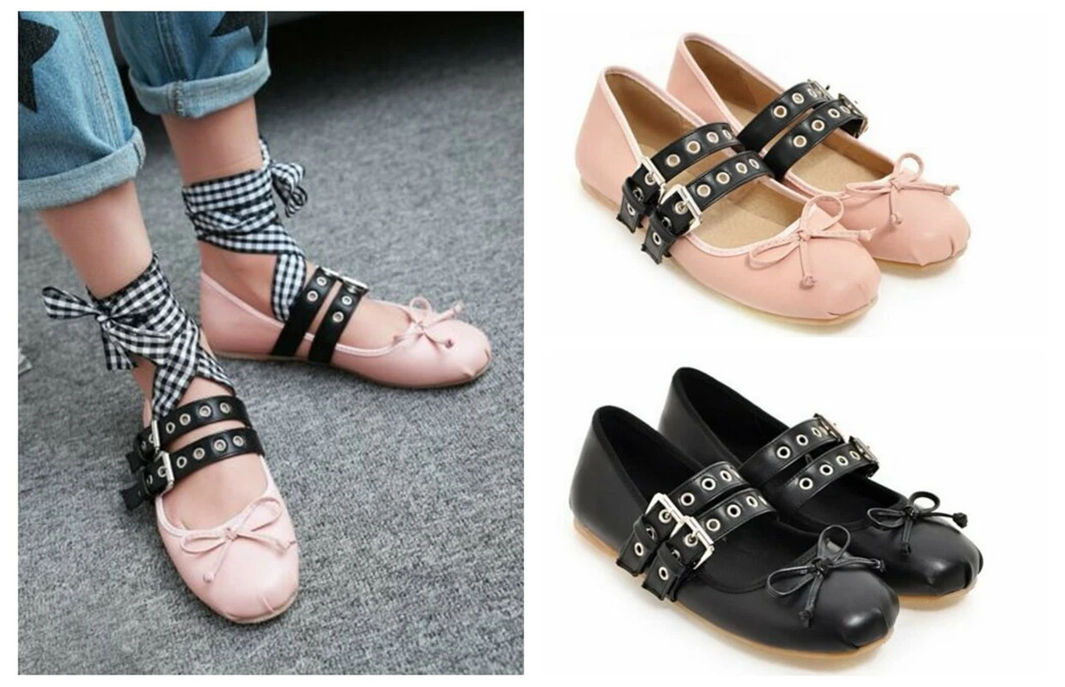 Womens Bowknot Flats Straps Lace Up Falt Double Ballet Buckle Casual Shoes