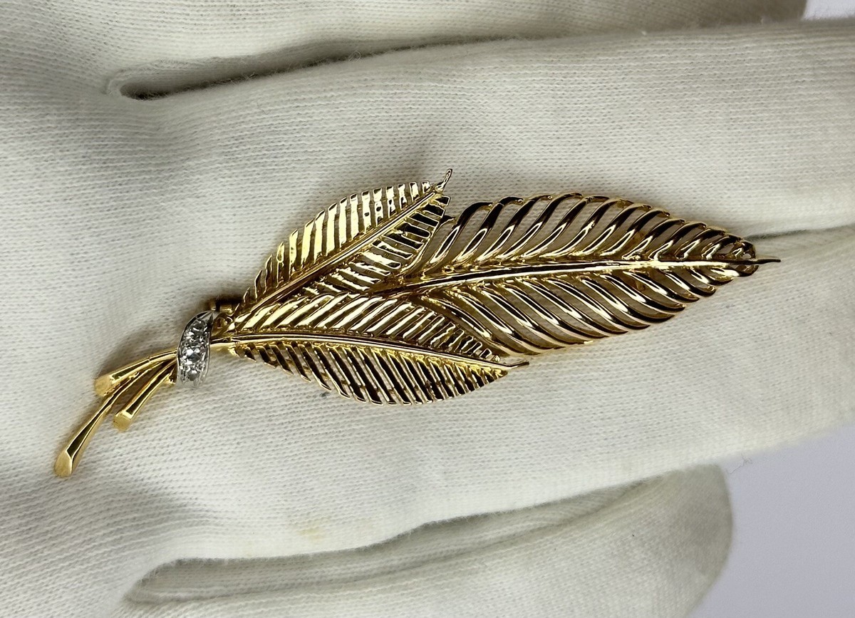 Broche Feuille En Or 18K Jaune & Platine Avec Diamants - Réf MP2525, Occasion