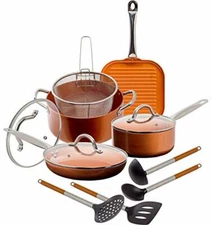 12 Piece Copper Ceramic Nonstick Cookware Set Fry Sauce Pan Casserole Fryer I...